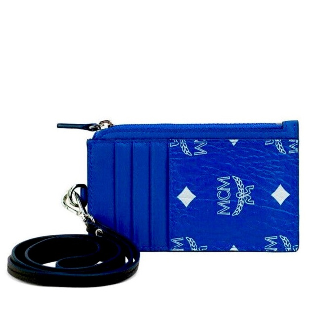 NWT MCM ‘Aren’ Visetos Logo Dark Blue Necklace Lanyard Card Case Wallet $295.00